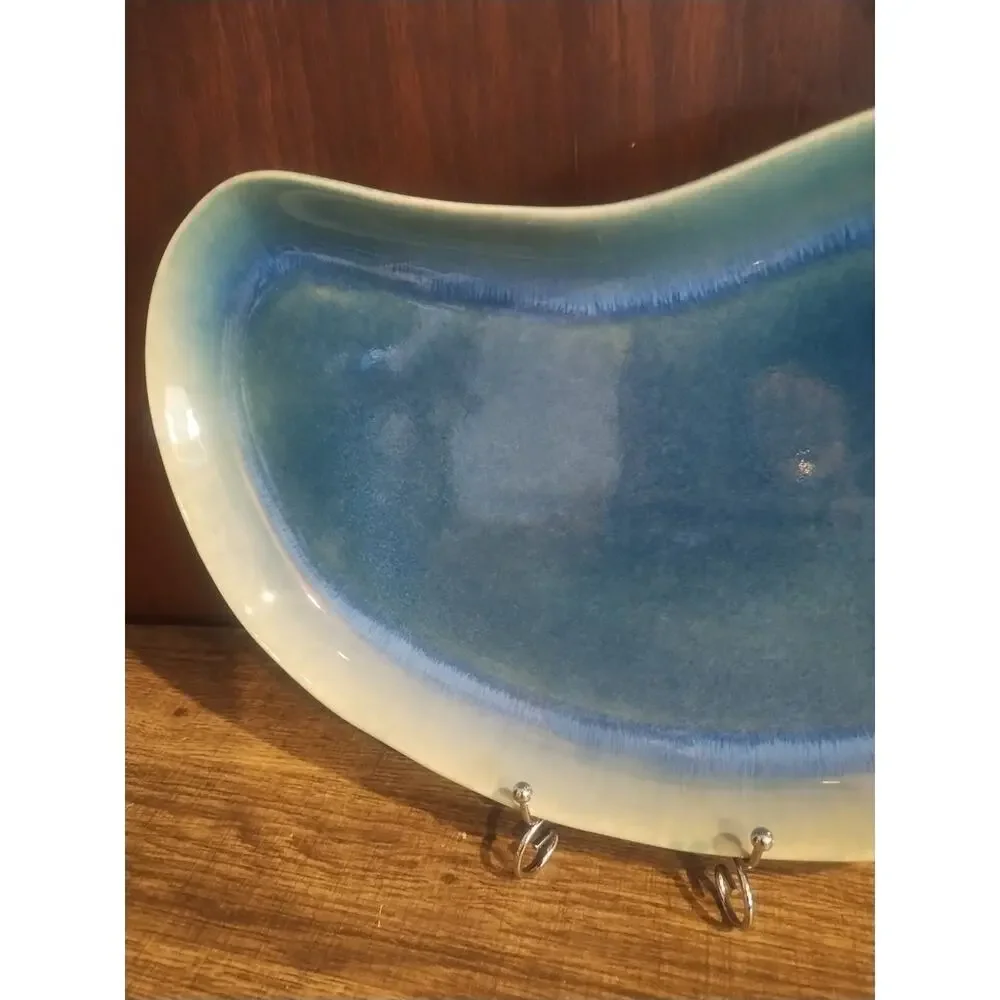 Coastal Blue Green Pottery Crescent Serving Dish Tray Stoneware Kidney 14 x 9